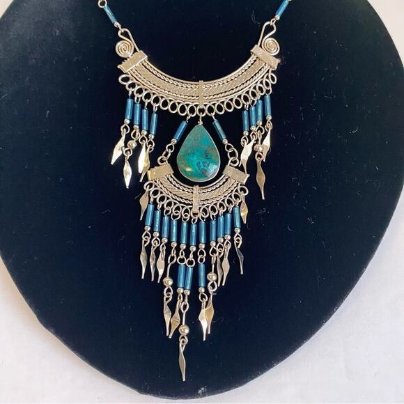 Vintage Boho Turquoise Beaded Necklace Layered Silver Fringe Peruvian 70s Hippie - Picture 11 of 12